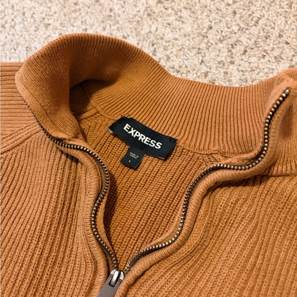 Express Mock Neck Quarter Zip Soft Knit Ribbed Pullover Sweater in Camel - Picture 5 of 5